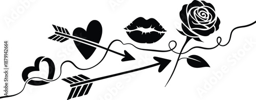 Romantic symbols of love and passion in black