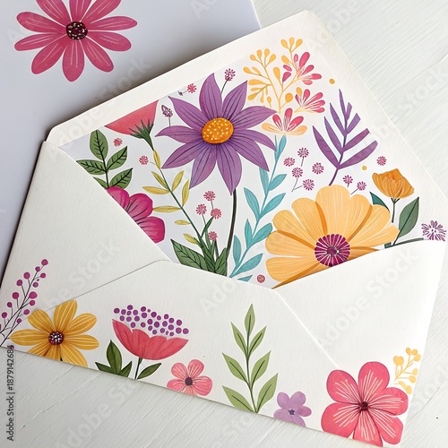 Flower-themed envelope containing colorful floral illustrations, perfect for letters and greetings