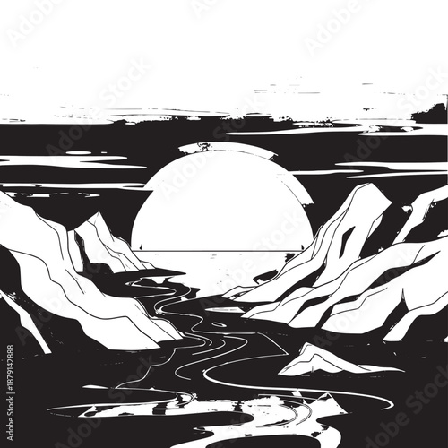 Monochrome sunset over jagged mountains and winding river valley with dramatic silhouettes.