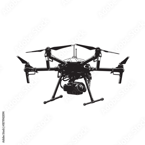 High-tech quadcopter with camera for aerial photography and stabilized video capture.