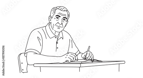Senior man at a desk writing with pen in a calm, focused line drawing.