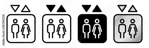 Elevator icon set vector illustration. Lift symbols with man and woman figures and up and down arrows. Clean linear icons isolated on background.