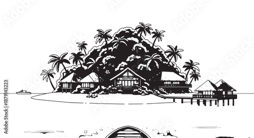 Tropical island village with palm trees and overwater huts along a tranquil shore.