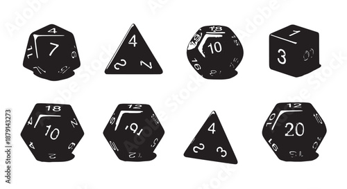 Collection of black polyhedral dice with white pips for tabletop RPG games.