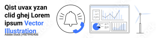 Bell icon with phone handset signal, analytics dashboard with graphs, wind turbine. Ideal for sustainability, tech communication, renewable energy, finance, data visualization, eco-technology simple