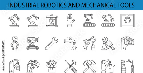 Industrial robotics and mechanical tools line icon set featuring robotic arms, automation equipment, engineering devices, maintenance tools, and factory technology in clean outline vector style