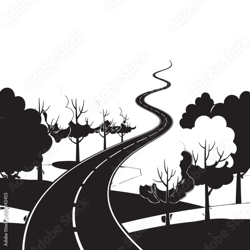 Serene black and white road winding through a leafless forest with distant horizon.