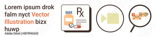 Healthcare, pharmacy, content creation, email services, search, communication. Icons of a prescription with pills, a video symbol and an email under magnifying glass. Healthcare and pharmacy tools