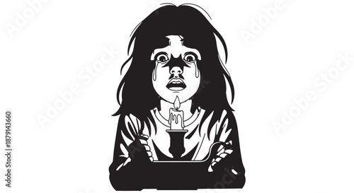 Black and white illustration of a frightened girl with long hair and tense expression.
