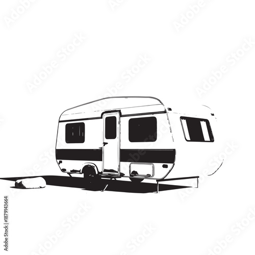 Minimalist white caravan illustration highlighting travel and camping themes.