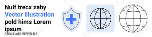 Healthcare, global protection, medical safety, cross-border aid, digital health, data security. A shield with a medical cross and two globe ions. Healthcare and global protection concepts
