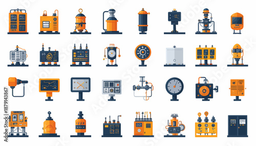 A collection of flat design industrial equipment icons, including tanks, pumps, valves, gauges, and control panels, representing various manufacturing and process machinery.