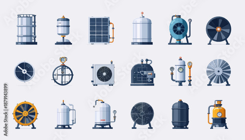A collection of various industrial machinery and equipment icons, including tanks, compressors, fans, heat exchangers, and other factory components.