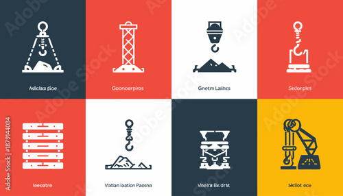 A collection of eight flat design industrial icons featuring various construction and heavy machinery elements on colored backgrounds.