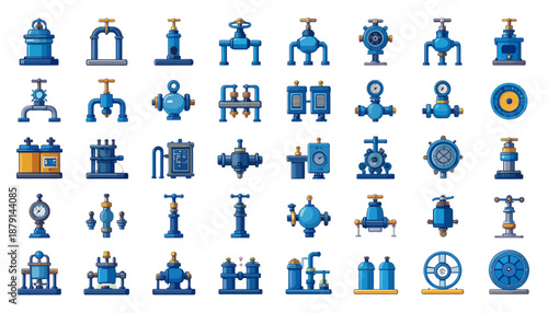 A comprehensive collection of industrial valves, pipe fittings, and water system components in a flat icon style.