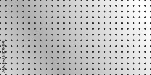 Pegboard perforated metallic hardboard texture background with spaced holes. Aluminum or steel textured gridwall for bench tool organizer