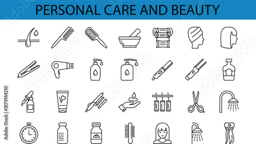 Personal care and beauty line icon set featuring hair styling tools, cosmetic bottles, grooming accessories, salon equipment, and hygiene symbols in clean outline vector style