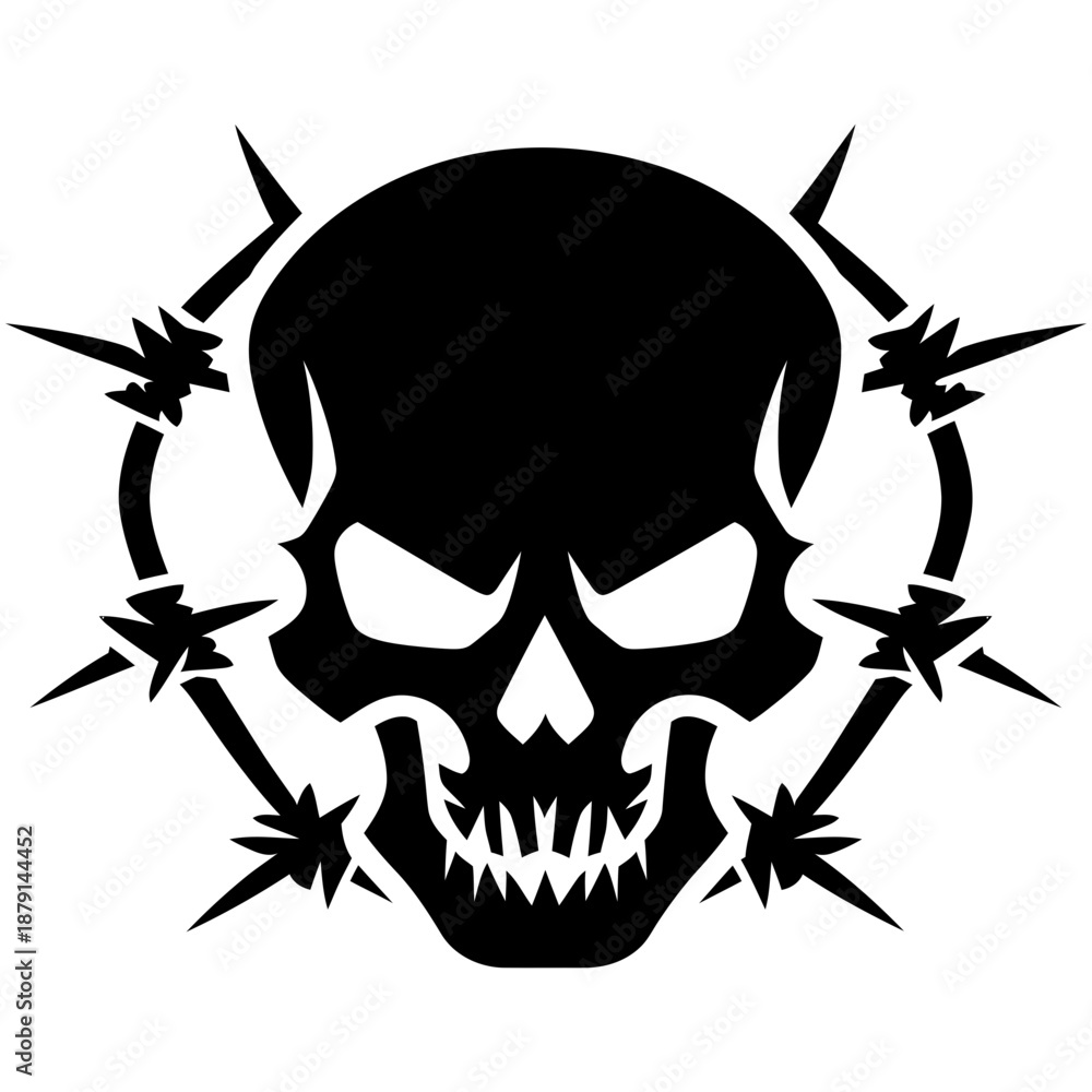 Obraz premium Vector Art Skull with Barbed Wire Bindings Bold Design for Tattoo Emblem or Logo