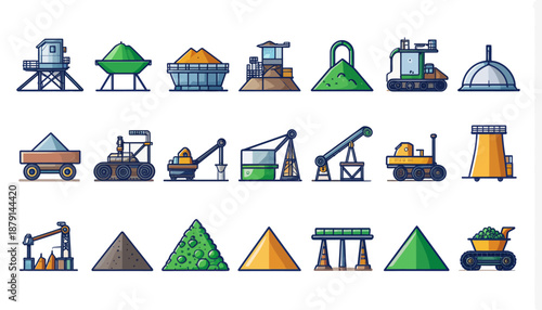 A collection of industrial icons depicting mining equipment, material handling machinery, and various piles of raw resources and processed materials.
