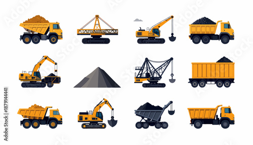 Collection of heavy mining machinery and equipment, including dump trucks, excavators, and draglines, for coal and ore extraction.