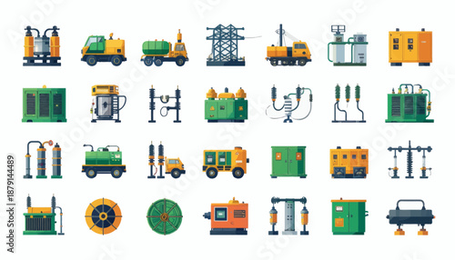 A collection of pixel-art style icons representing various industrial, electrical, and construction machinery and equipment.