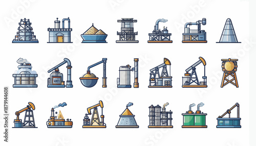 A collection of cartoon icons depicting various oil and gas industry structures, including drilling rigs, refineries, storage tanks, and industrial facilities.