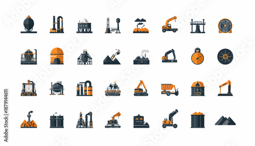 A comprehensive collection of industrial and mining icons, featuring oil rigs, excavators, factories, and various heavy machinery symbols.