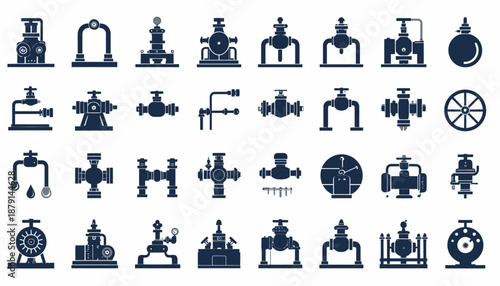 A comprehensive collection of industrial valve and pipe fitting icons in a dark silhouette style on a white background, representing various control and connection elements.
