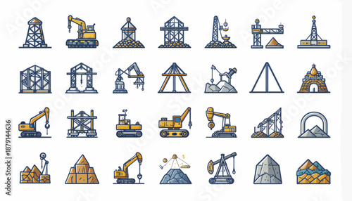 A collection of industrial and construction icons featuring machinery, structures, and resource piles.