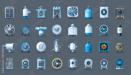A comprehensive collection of industrial ventilation, heating, and cooling equipment icons, featuring various fans, grilles, tanks, and processing units in a modern flat design style.
