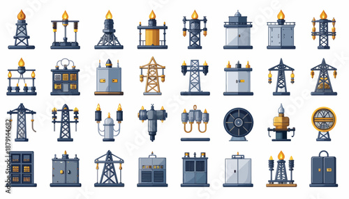 A collection of pixel-art style icons depicting various electrical power generation, transmission, and distribution infrastructure elements.