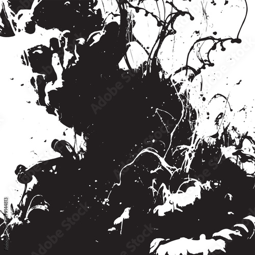 Abstract black ink splash on white canvas with bold high-contrast shapes and flowing organic forms.