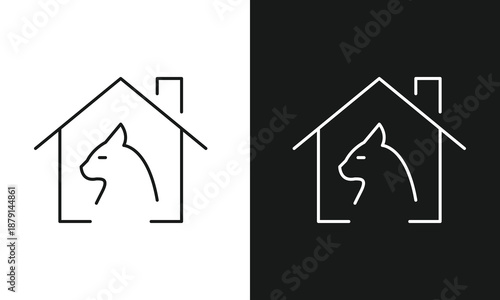 Minimalist Pet and Home Logo Featuring Cat Silhouette Inside House Outline with Chimney in Split Black and White Contrast, Versatile Line Art for Veterinary, Shelter, Pet Sitting, Animal Care Branding