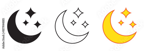 Moon and Star Icons, Night and Sleep Symbols in Solid, Line and Flat Styles