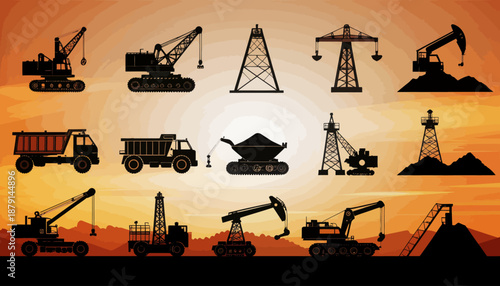 Silhouettes of heavy industrial machinery and structures including excavators, cranes, dump trucks, and oil derricks against a warm, gradient sunset sky.