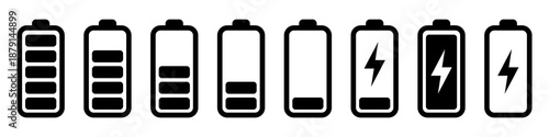 Battery Charge Indicator Icons Set, Charging and Power Status Symbols