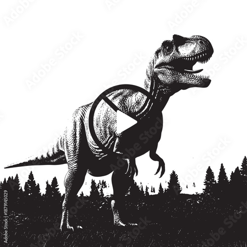 Monochrome silhouette of a Tyrannosaurus rex towering at the forest edge in a stark illustration.