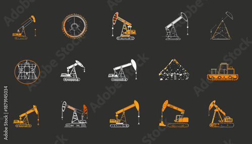 A collection of oil pump and drilling rig icons, showcasing various designs of petroleum extraction machinery in orange and white on a dark background.