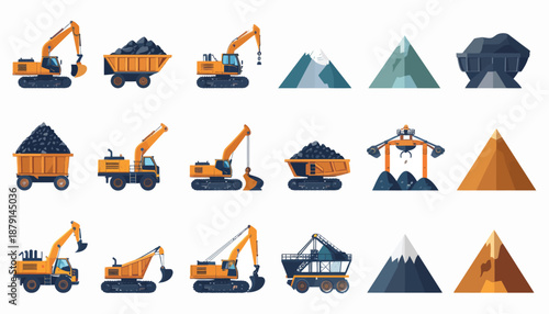 A collection of mining industry icons featuring excavators, dump trucks, coal piles, and stylized mountains on a white background.
