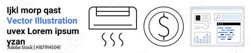 Business finance, e-commerce tools, HVAC systems, online dashboards, data analytics, technology interface. Circular dollar symbol, air conditioner web dashboard. Business finance and e-commerce