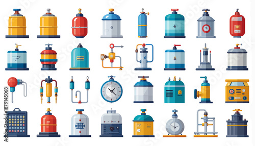 A comprehensive collection of various industrial gas and liquid storage tanks, cylinders, and pressure vessels with gauges and valves in a flat vector art style.