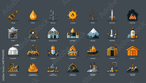 A comprehensive collection of pixel art icons depicting various industrial processes, energy sources, natural resources, and architectural structures.
