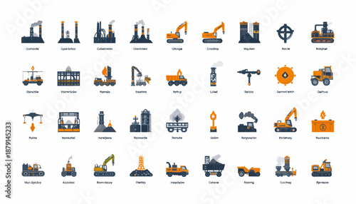 Collection of flat design industrial and construction icons featuring factories, heavy machinery, and various manufacturing processes.
