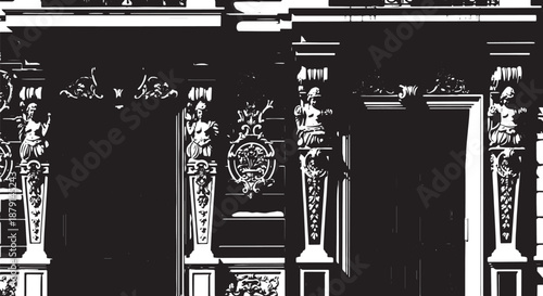 Ornate classical architectural facade featuring columned front with intricate stone detailing and high contrast black and white tones.