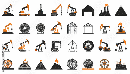 A comprehensive set of industrial icons featuring oil rigs, factories, gears, and energy production symbols in a flat design style.