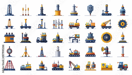 A comprehensive collection of industrial machinery and heavy equipment icons, including drilling rigs, cranes, and various construction and extraction tools.
