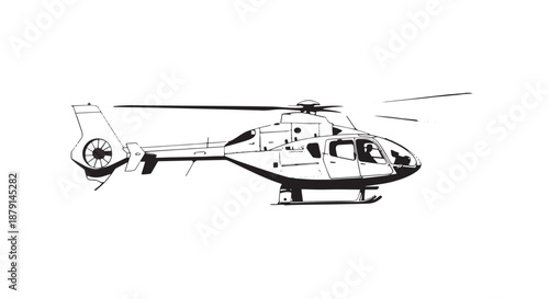 Monochrome sideview sketch of a helicopter in lineart style.
