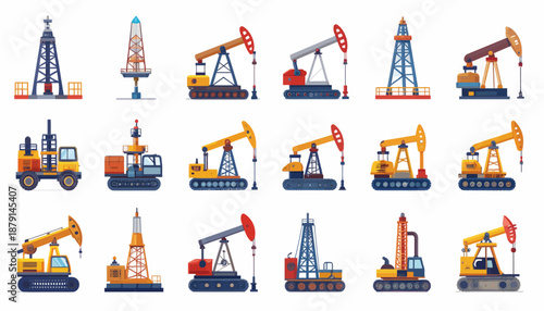 A collection of various cartoon illustrations depicting different types of oil drilling rigs and pumpjacks used in the petroleum industry.