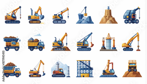 A comprehensive collection of construction vehicles and heavy machinery, including excavators, dump trucks, and cranes, alongside building sites and material piles.