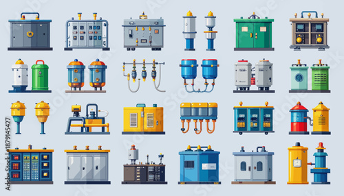 A comprehensive collection of various industrial equipment, electrical components, tanks, and machinery in a flat design style.